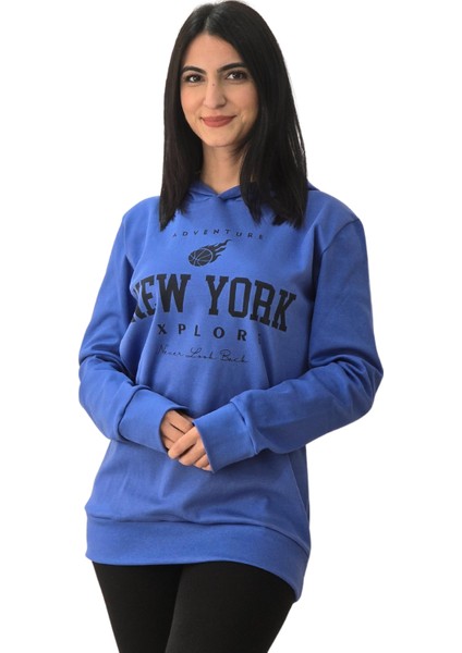 New York Baskılı Kapüşonlu Sweatshirt (Mavi)