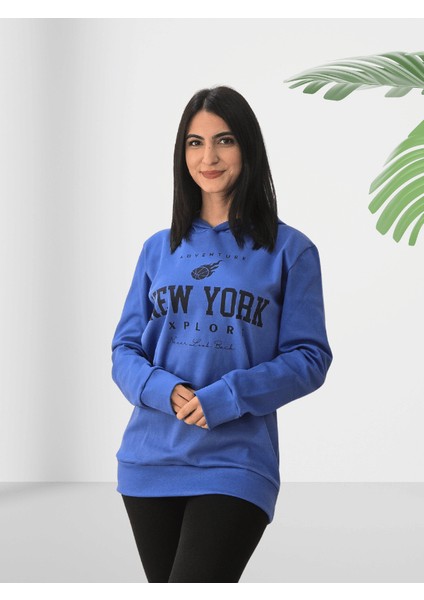 New York Baskılı Kapüşonlu Sweatshirt (Mavi) fiyatları