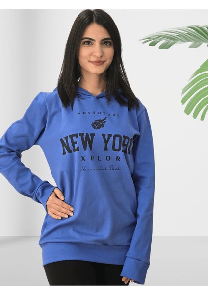 New York Baskılı Kapüşonlu Sweatshirt (Mavi) modelleri
