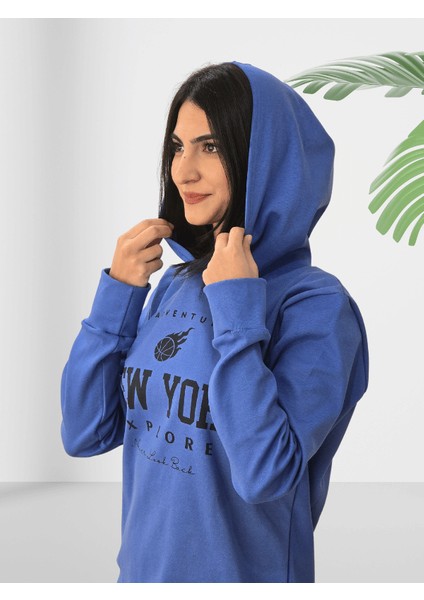 New York Baskılı Kapüşonlu Sweatshirt (Mavi) indirimleri