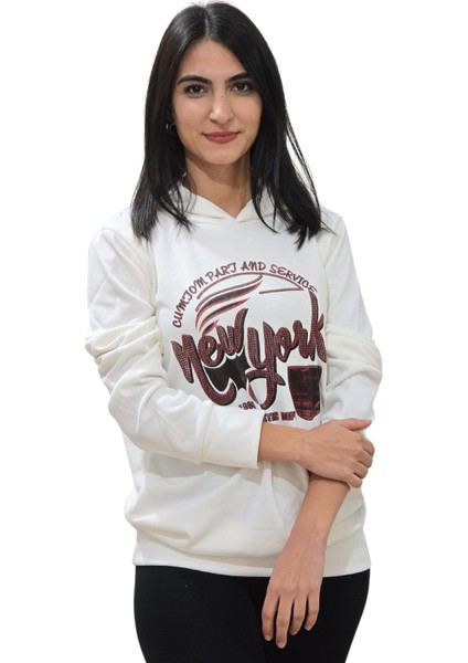 New York Kapüşonlu Sweatshirt (Beyaz-Kırmızı)