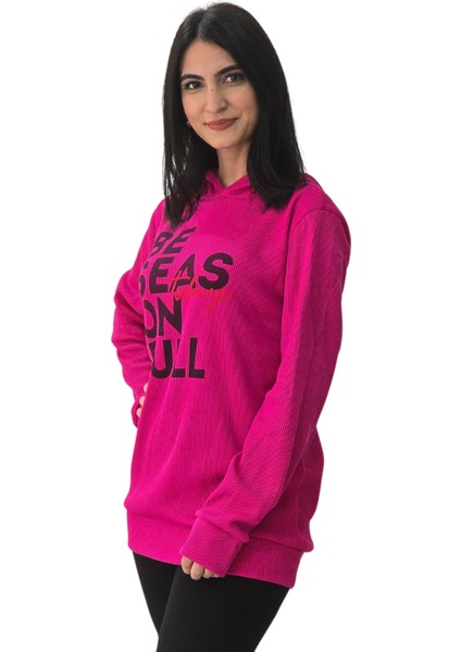 Be Season Baskılı Kapüşonlu Sweatshirt (Fuşya)