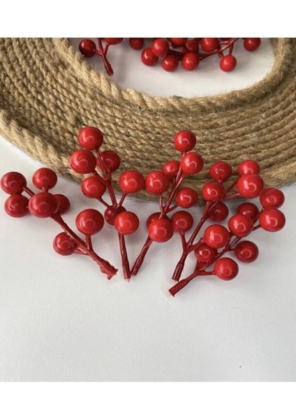 Dekoratif Kırmızı Yılbaşı Çiçeği Yapay Kokina Çiçeği Kiraz Dalı Yılbaşı Ağacı Süsleme Dekor 5 Adet modelleri