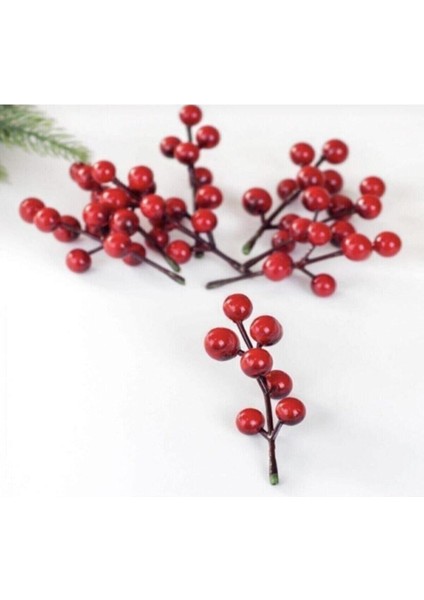 Kırmızı Yılbaşı Çiçeği Yapay Kokina Çiçeği Kiraz Dalı 5 Adet