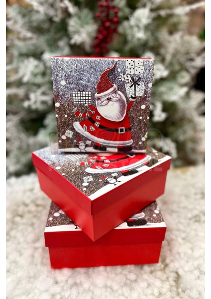 Lüks Yılbaşı Hediyelik Hediye Kutusu 3 Lü Set Kabartmalı Noel Baba Baskılı Yeni Yıl Kış Temalı