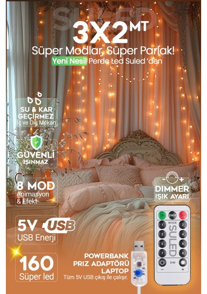 Perde LED 3x2 Metre 160 Süper LED Usb'li Ambiyans Dekorasyon Ledleri Iç ve Dış Mekan Su Geçirmez