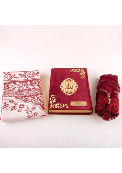 Şal + Seccade + Tesbih + Kuran Hediye Seti (Orta Boy, Şems Lafzatullah, Bordo)