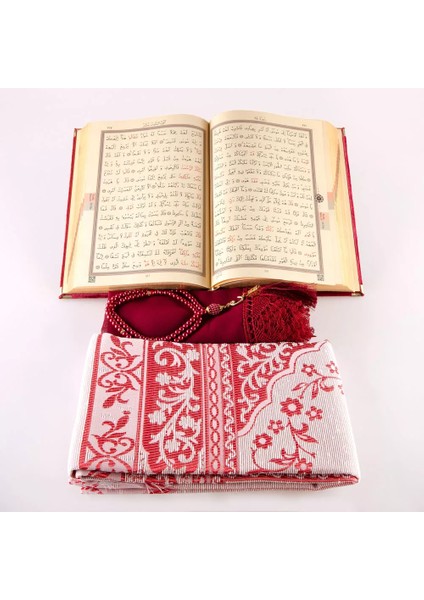 Şal + Seccade + Tesbih + Kuran Hediye Seti (Orta Boy, Şems Lafzatullah, Bordo)