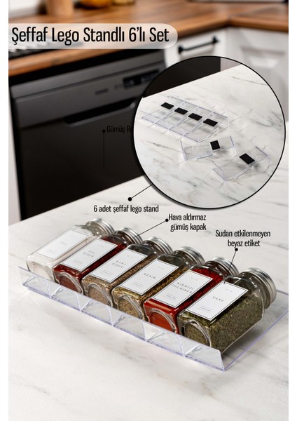 6'lı Şeffaf-Lego Standlı Cam Baharatlık Seti Gümüş Kapaklı Beyaz Etiketli BAHARATLIK-MH03SLVR06