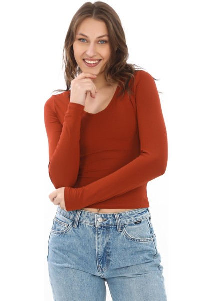 V Yaka Slim Fit Tişört-Kiremit