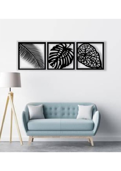 Dekoratif Ev 3'lü Yaprak Set Duvar Dekoru Mdf Tablo