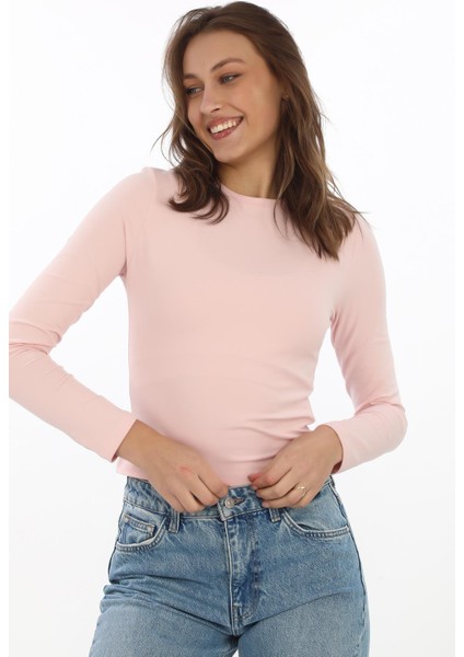 Likralı Pamuk Tişört-Slim Fit -Pudra