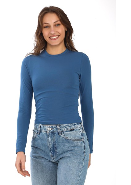 Likralı Pamuk Tişört-Slim Fit -Indigo