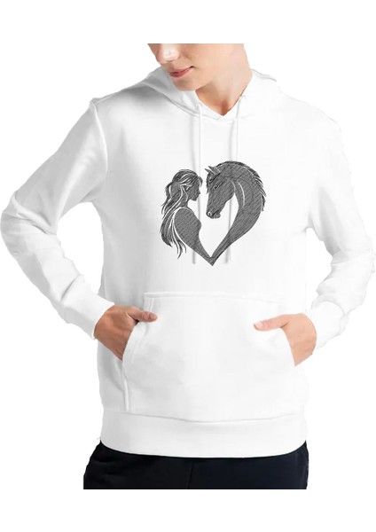 Kadın Tişört Hoodie 3 Iplik Nakış Kalın Pamuklu Kapüşonlu