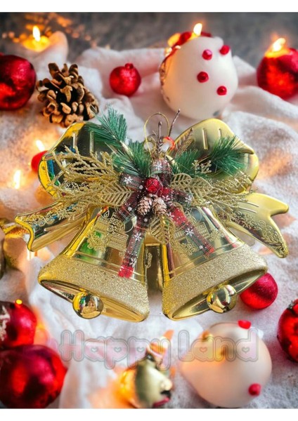 Yılbaşı Çanlı Kapı Süsü, Gold Renkli Ağaç Dekor, Şık ve Neşeli Süs