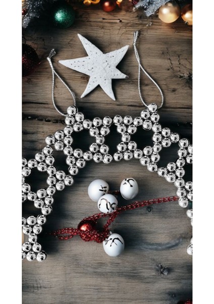 3 Adet Dekoratif Gümüş Metalik Boncuklu Yıldız Yılbaşı Ağacı Noel Ağacı Süsü 8 cm modelleri