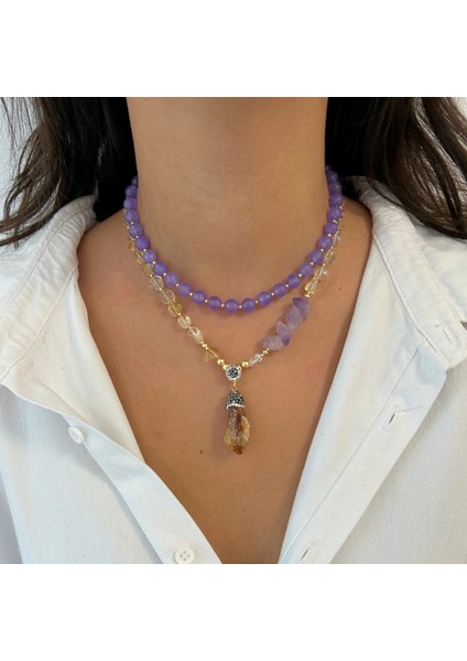 Ametist ve Sitrin Doğal Taş El Yapımı Özel Tasarım Ikili Kadın Doğaltaş Kolye