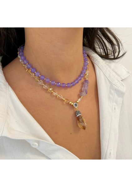 Ametist ve Sitrin Doğal Taş El Yapımı Özel Tasarım Ikili Kadın Doğaltaş Kolye fiyatları