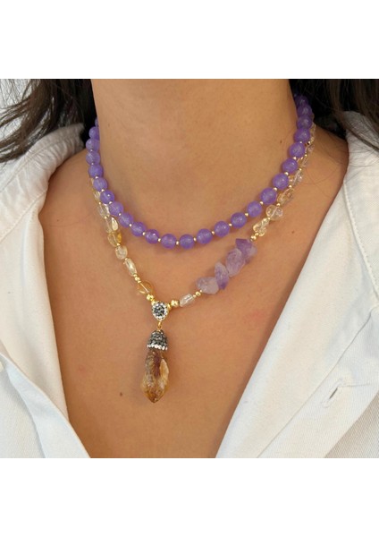 Ametist ve Sitrin Doğal Taş El Yapımı Özel Tasarım Ikili Kadın Doğaltaş Kolye modelleri