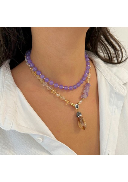 Ametist ve Sitrin Doğal Taş El Yapımı Özel Tasarım Ikili Kadın Doğaltaş Kolye fırsatları