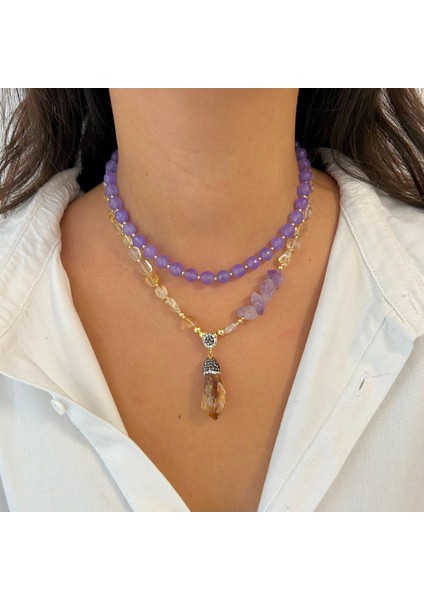 Ametist ve Sitrin Doğal Taş El Yapımı Özel Tasarım Ikili Kadın Doğaltaş Kolye indirimleri