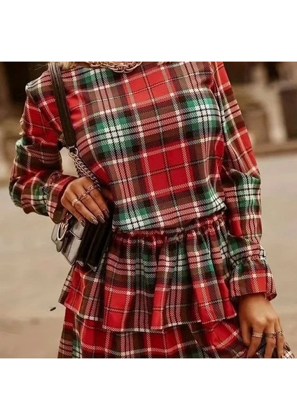 Kadın Ekose Kumaş Dijital Baskılı Uzun Kollu Mini Boy Elbise fiyatları