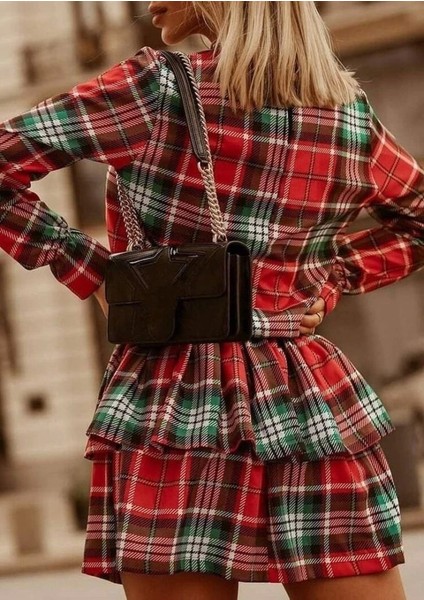 Kadın Ekose Kumaş Dijital Baskılı Uzun Kollu Mini Boy Elbise modelleri
