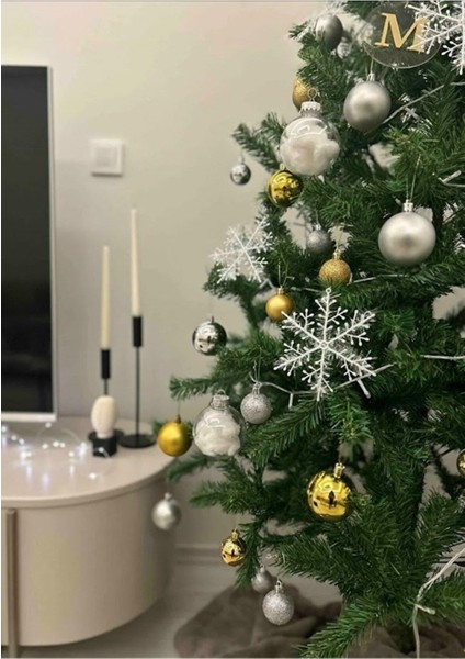3 Adet Simli Kar Tanesi Süsü, Çam Ağacı, Kapı, Balkon, Duvar Dekoru, Kırmızı