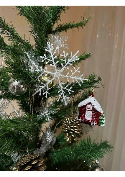 3 Adet Simli Kar Tanesi Süsü, Çam Ağacı, Kapı, Balkon, Duvar Dekoru, Kırmızı