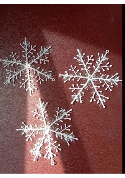 3 Adet Simli Kar Tanesi Süsü, Çam Ağacı, Kapı, Balkon, Duvar Dekoru, Kırmızı