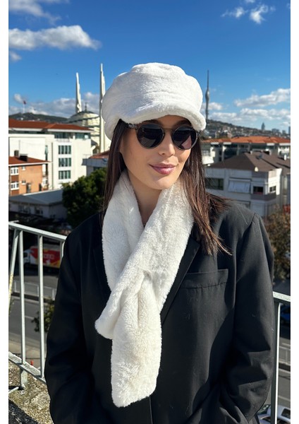 Kadın Kışlık Moda Lüks Kaptan Bere Şapka ve Peluş Atkı Bere Takım 2'li Set
