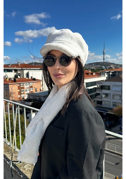 Kadın Kışlık Moda Lüks Kaptan Bere Şapka ve Peluş Atkı Bere Takım 2'li Set