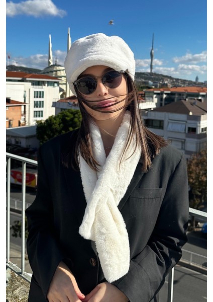 Kadın Kışlık Moda Lüks Kaptan Bere Şapka ve Peluş Atkı Bere Takım 2'li Set