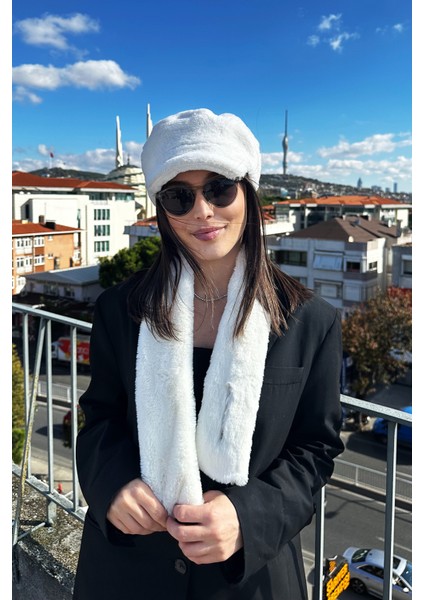 Kadın Kışlık Moda Lüks Kaptan Bere Şapka ve Peluş Atkı Bere Takım 2'li Set