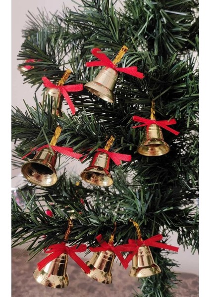 Yılbaşı Ağacı Süsü Kırmızılı 9'lu Çan Süs 3 cm Gold Renk Çam Ağacı Süsü Ipli Çan