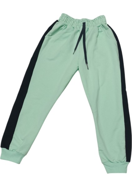 Kız Çocuk Yanları Siyah Şerit Detaylı Bel Bilek Lastikli Cepli Açık Yeşil Renk Eşofman Altı