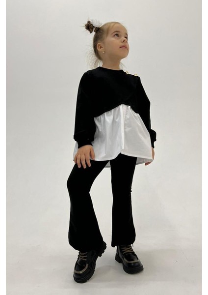 Asimetrik Kesim Sweat Ispanyol Paça Pantolon Kız Çocuk 2 li takım - Siyah