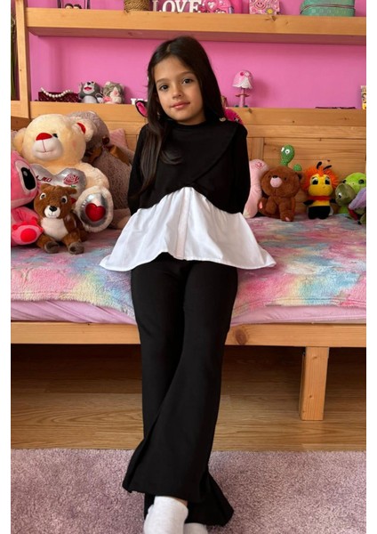 Asimetrik Kesim Sweat Ispanyol Paça Pantolon Kız Çocuk 2 li takım - Siyah fiyatları