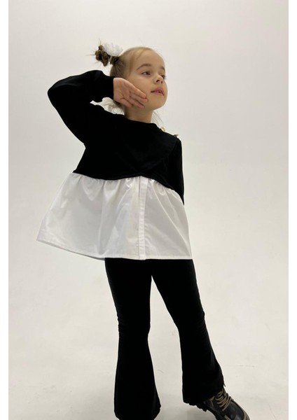 Asimetrik Kesim Sweat Ispanyol Paça Pantolon Kız Çocuk 2 li takım - Siyah modelleri