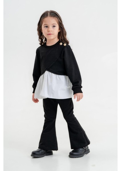 Asimetrik Kesim Sweat Ispanyol Paça Pantolon Kız Çocuk 2 li takım - Siyah fırsatları