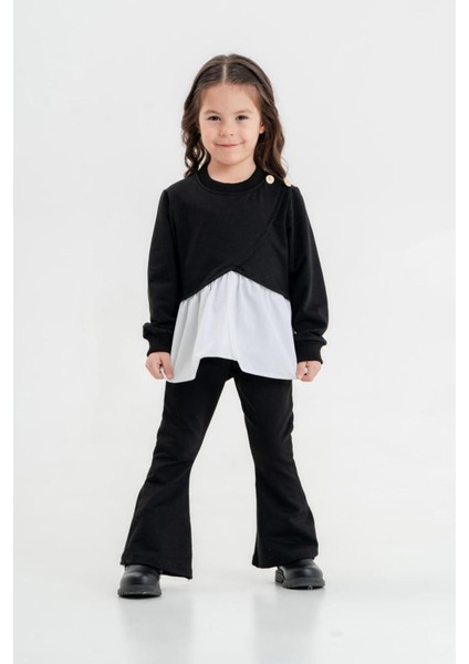 Asimetrik Kesim Sweat Ispanyol Paça Pantolon Kız Çocuk 2 li takım - Siyah indirimleri