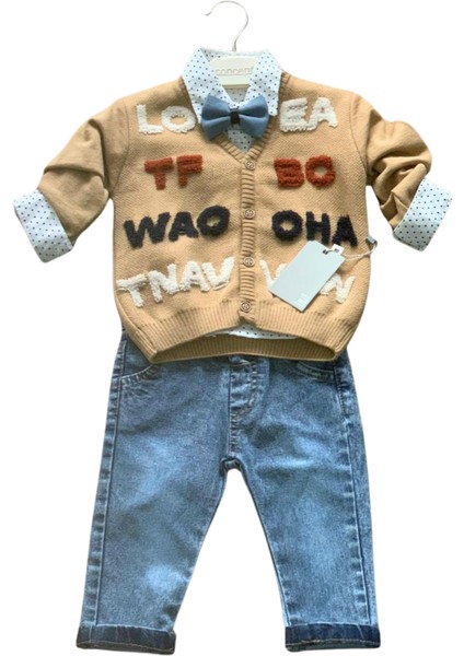 Erkek Bebek Aylık Hırka Gömlek Pantolon ve Papyonlu Nakışlı Takım (Krem)