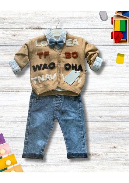 Erkek Bebek Aylık Hırka Gömlek Pantolon ve Papyonlu Nakışlı Takım (Krem) fiyatları