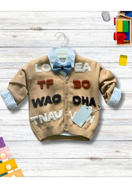 Erkek Bebek Aylık Hırka Gömlek Pantolon ve Papyonlu Nakışlı Takım (Krem) modelleri