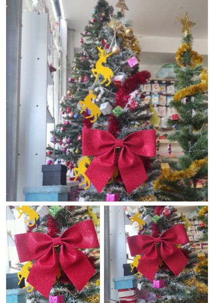 Kırmızı Simli Büyük Boy Yılbaşı Çam Ağacı Simli Süs Eva Fiyonk Kurdele Dekor Ağaç Kapı Süsü 25X25 C