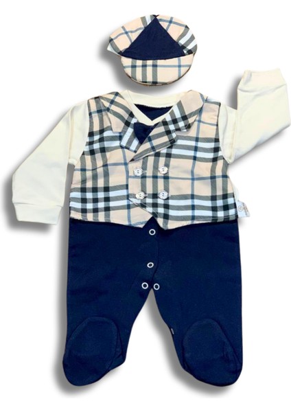 Kareli Papyonlu Erkek Bebek Tulum (Lacivert)