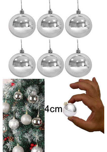 Gümüş Gri 6lı Yılbaşı Top Süs 4cm Çam Ağacı Süsleri Noel Dekorasyon Cici Top Silver Aynalı Süsleme