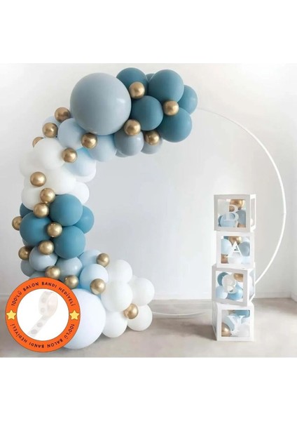 100 Adet Zincir Balon Fırtına Mavi Beyaz Derin Okyanus Krom Gold Balon Seti (Balon Bandı Hediyeli)