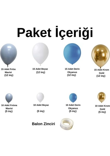 100 Adet Zincir Balon Fırtına Mavi Beyaz Derin Okyanus Krom Gold Balon Seti (Balon Bandı Hediyeli)