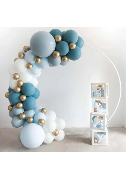 100 Adet Zincir Balon Fırtına Mavi Beyaz Derin Okyanus Krom Gold Balon Seti (Balon Bandı Hediyeli)